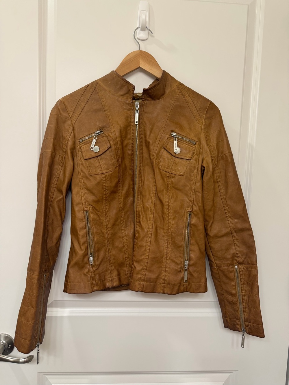 Jou Jou Brown Real Leather Zip-Front Moto Jacket